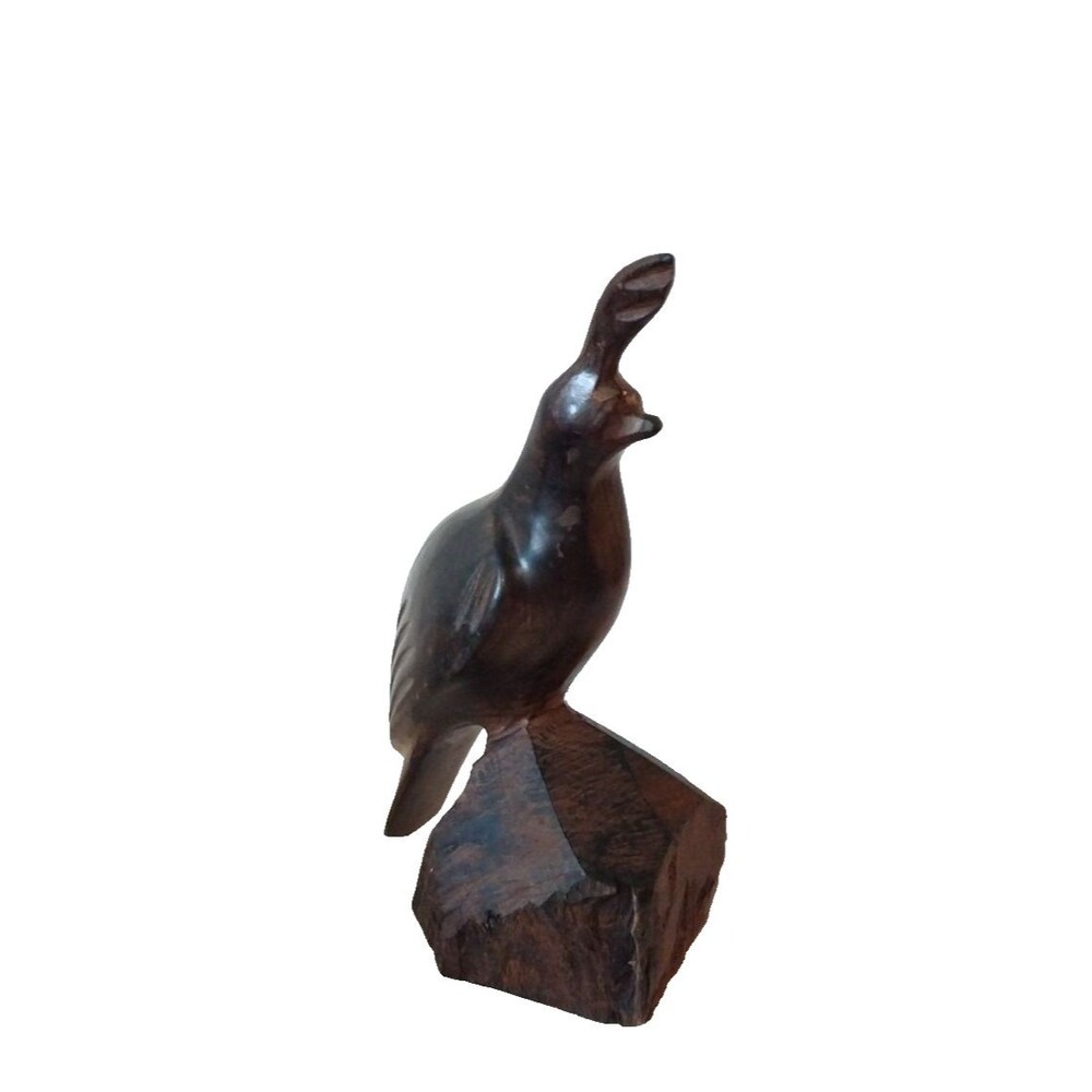 Vintage Hand Carved Quail Brown Iron Wood Sculpture Figurine 10"
